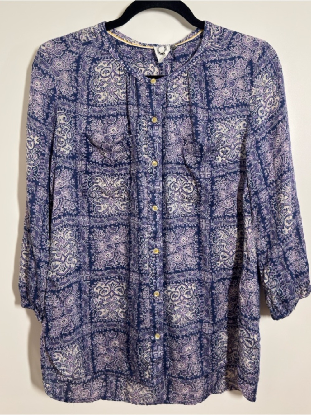 Anthropologie Lavender and Navy Paisley Button-Front Blouse